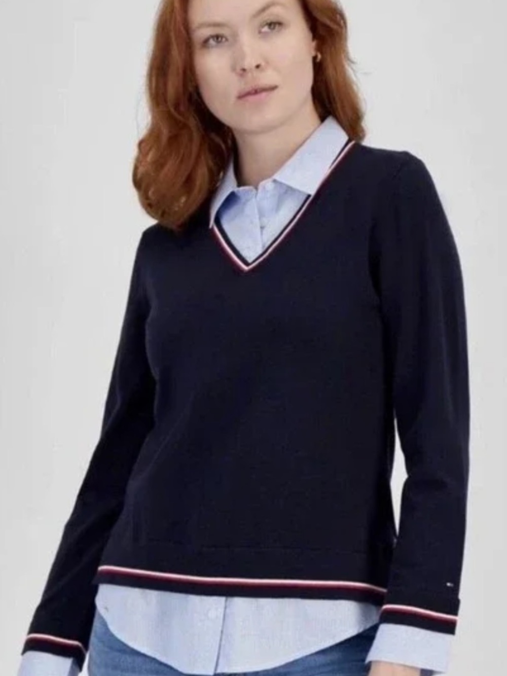 Tommy Hilfiger Navy V-Neck Sweater with Red & White Stripe Trim women’s medium